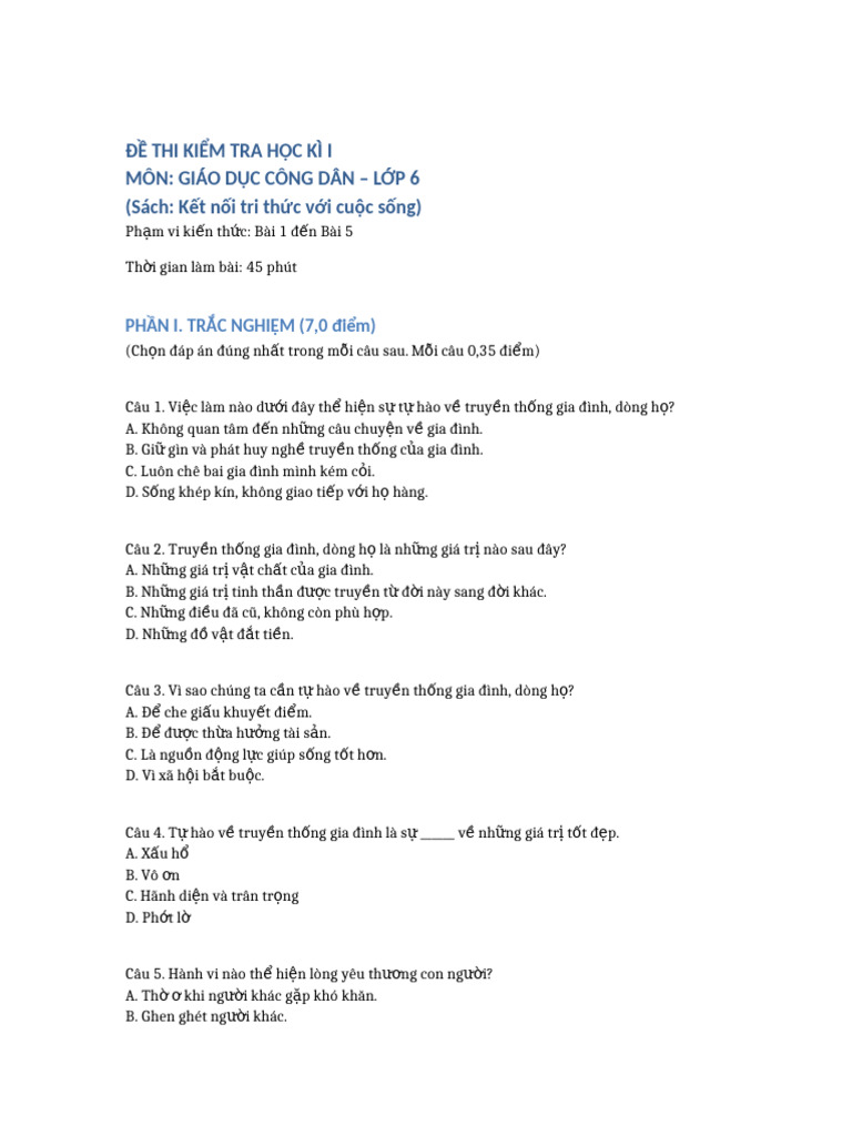 De Thi GDCD 6 KNTT Hk1 Day Du | PDF