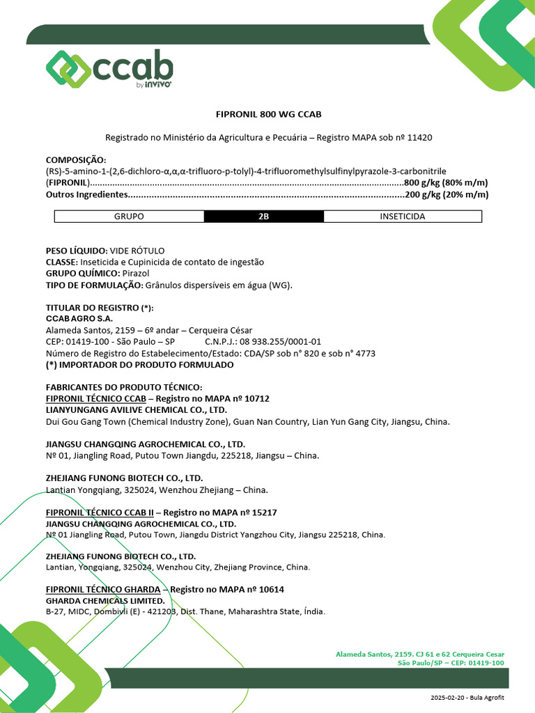 Bula do Inseticida Fipronil 800 WG CCAB | PDF | Inseticida | Agricultura
