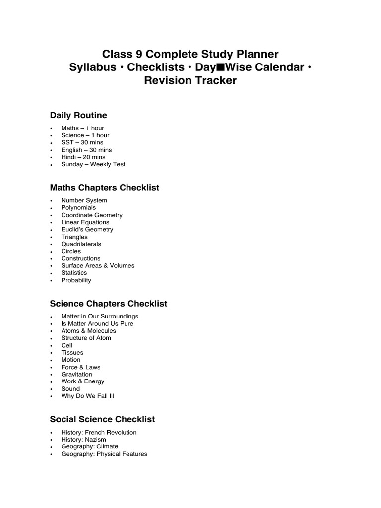 Class9 Complete StudyPlanner | PDF | Physics | Mathematics