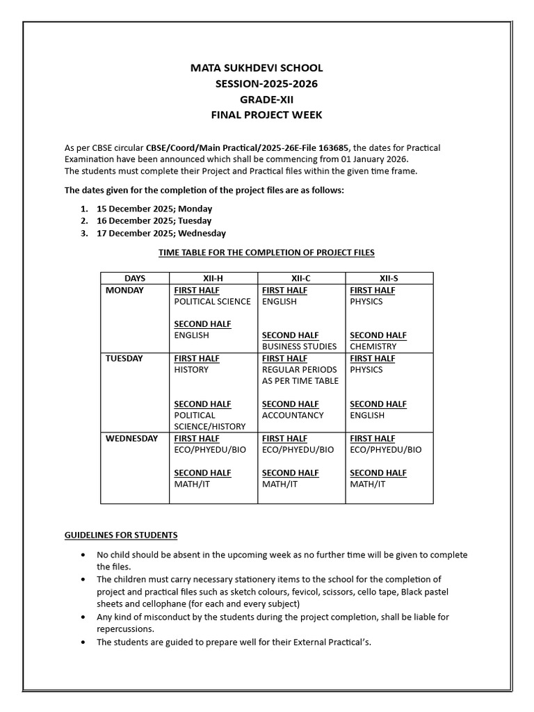 XII Final Project Week Guidelines 2025-26 | PDF