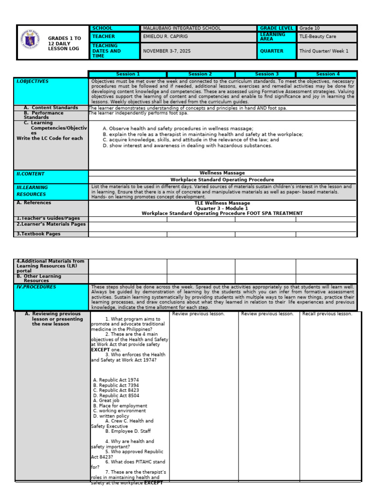 Grade 10 TLE Beauty Care Lesson Plan | PDF | Occupational Safety And ...