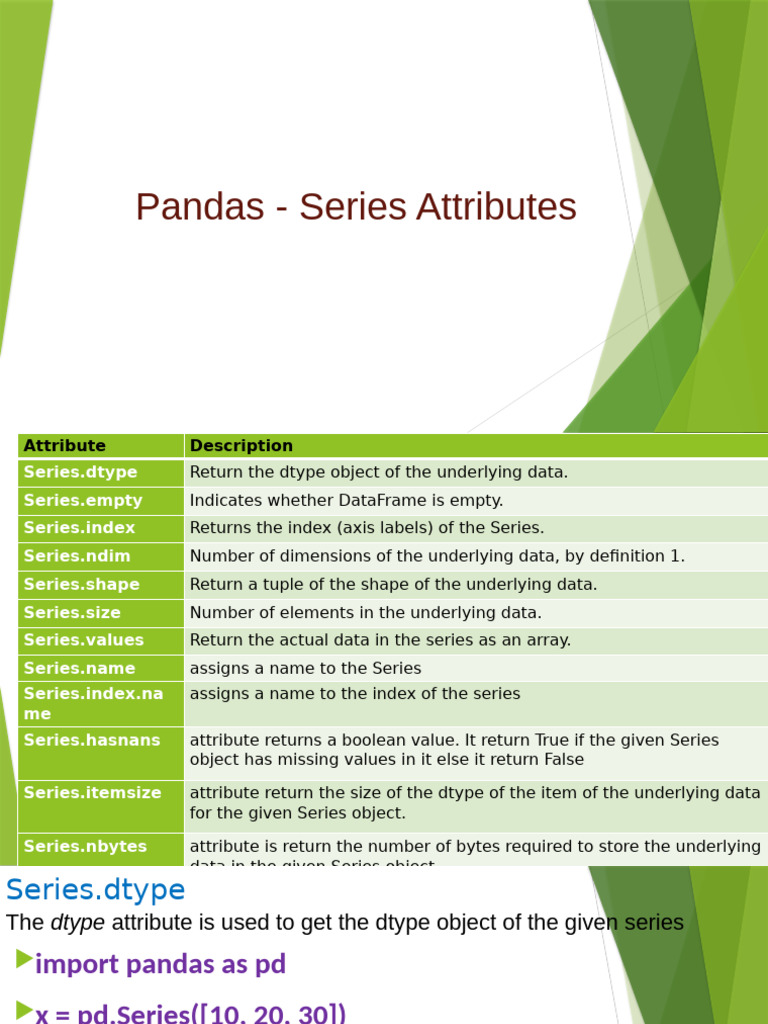 Pandas Series Attributes Explained | PDF | Computing | Computer Data