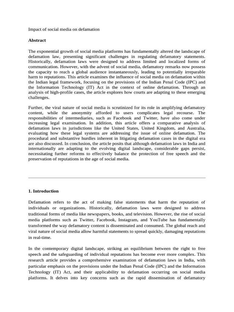 Impact of Social Media On Defamation . | PDF | Defamation | Social Media