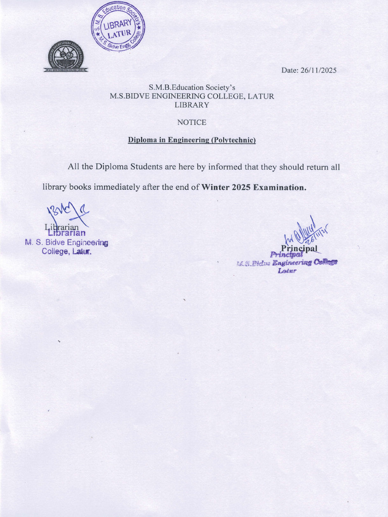 Student Books Return Notice - 26.11.2025 | PDF