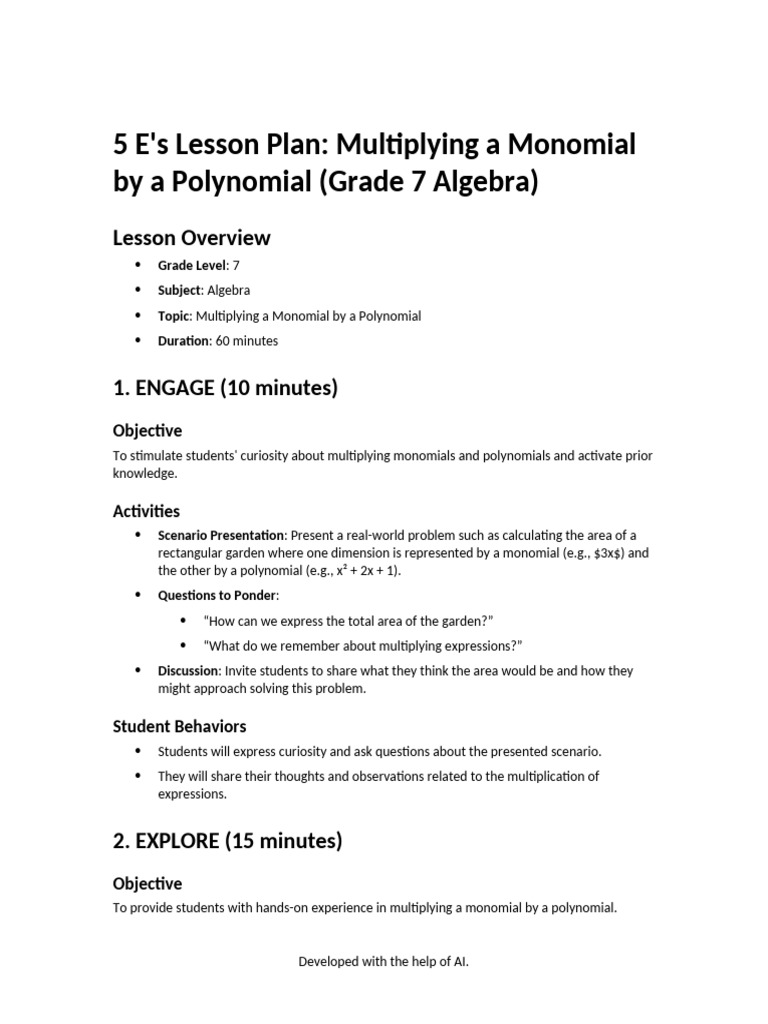 5E Lesson Plan: Monomial-Polynomial Multiplication | PDF | Polynomial ...