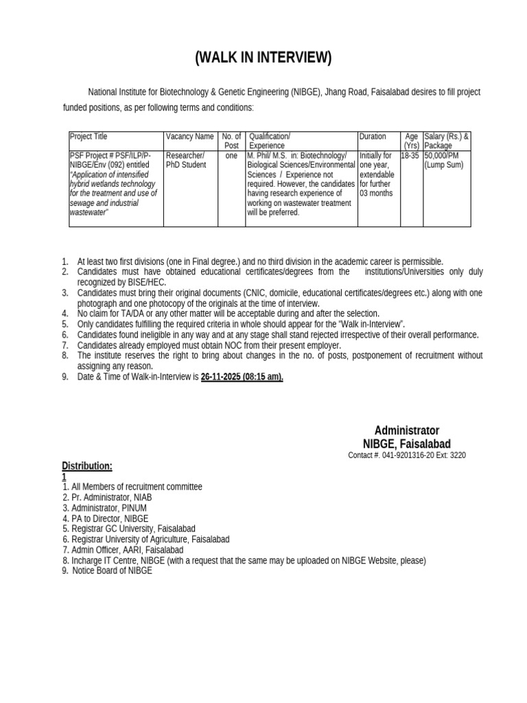 NIBGE Walk-in Interview for Researcher Position | PDF