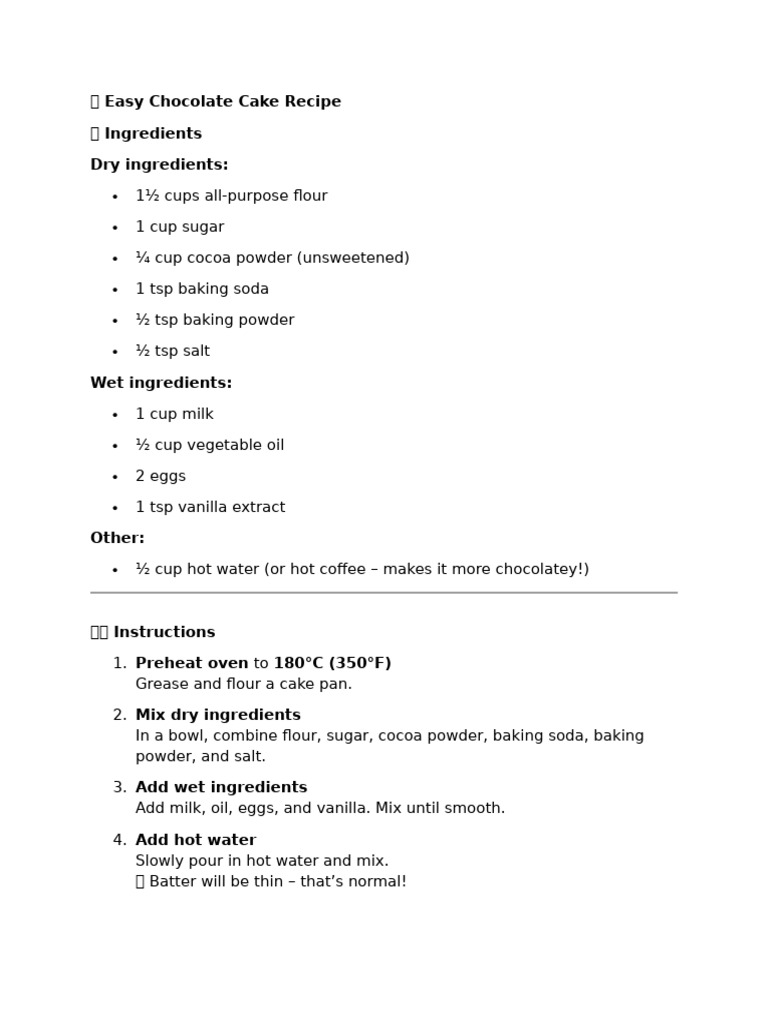 Easy Chocolate Cake Recipe | PDF