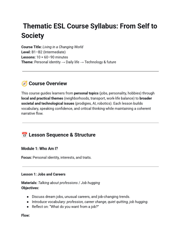 Thematic ESL Syllabus: Identity & Society | PDF
