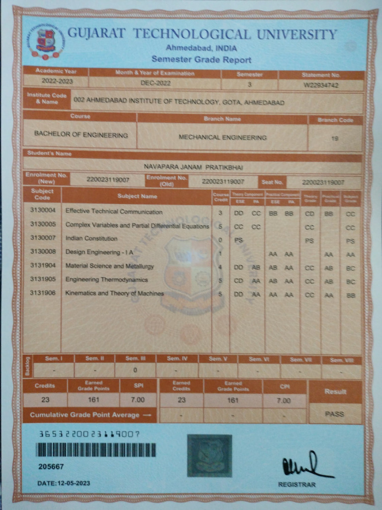 3 Rd Sem Marksheet | PDF | Thermodynamics | Mechanics
