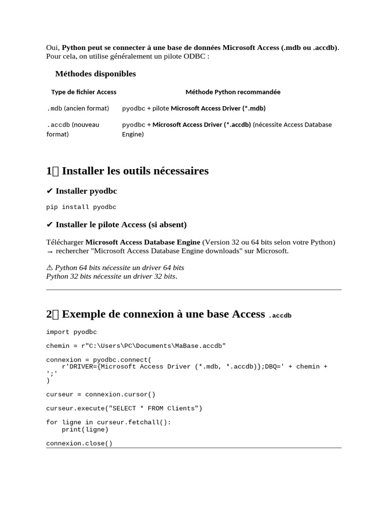 Connexion Python à Access : Guide CRUD | PDF | Microsoft Access ...