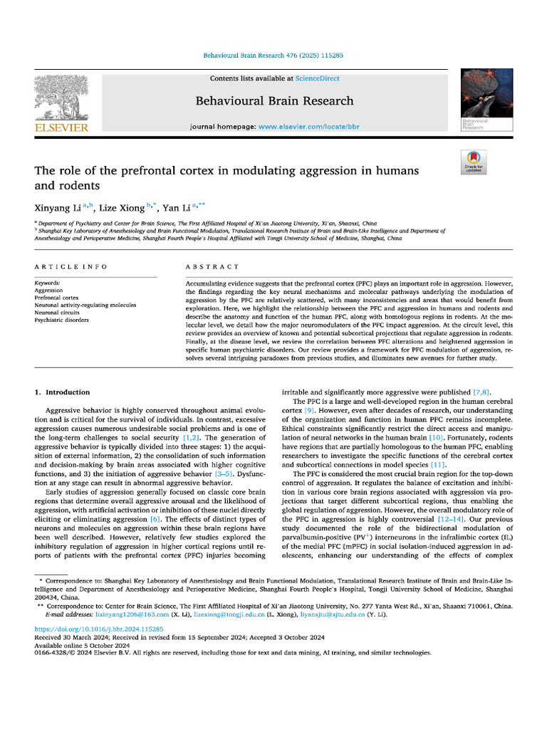 2025 - The Role of The Prefrontal Cortex in Modulating Aggression in ...