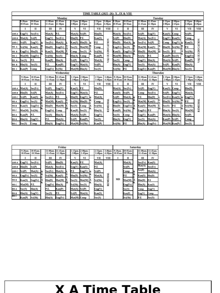 2025-26 School Timetable for Grades 8-10 | PDF