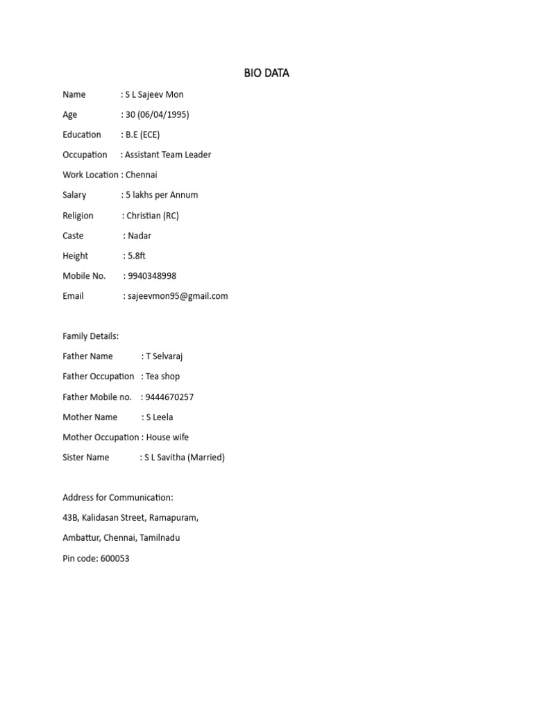 Bio Data of S L Sajeev Mon | PDF