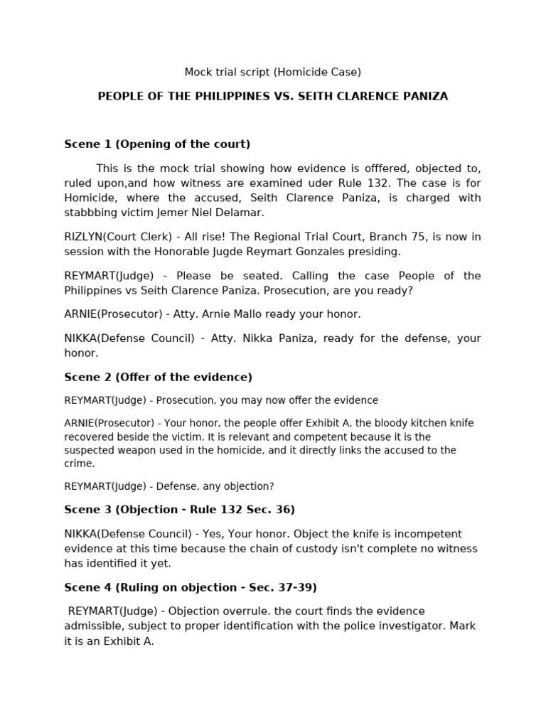 Mock Trial Script: Homicide Case | PDF | Prosecutor | Witness