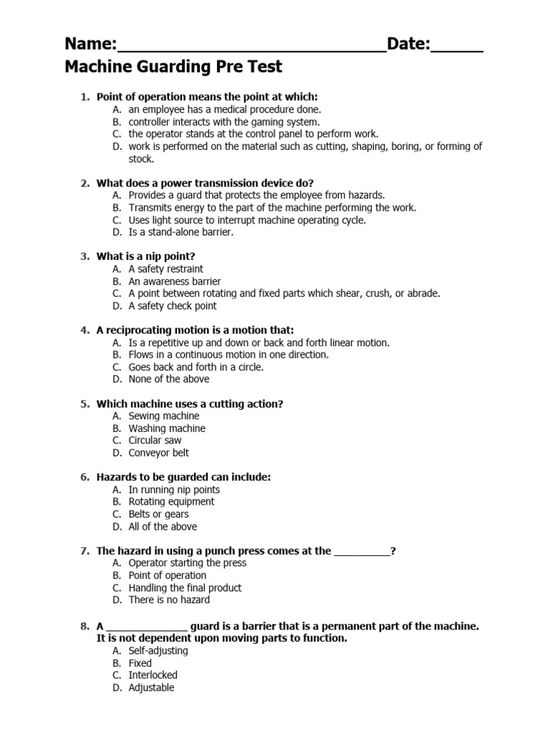 Machine Guarding Pre Test Questions | PDF | Occupational Safety And ...