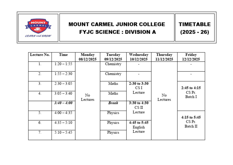Mount Carmel Junior College Fyjc Science: Division A Timetable (2025 ...