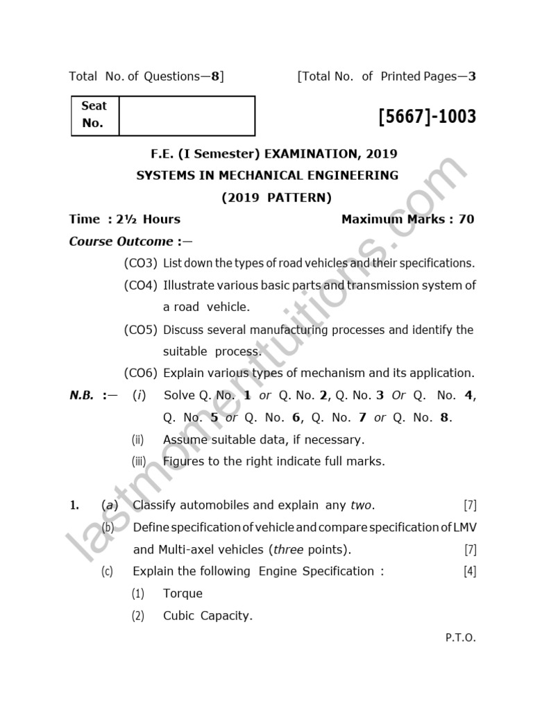 Semester 1 - 2019 - November - Systems in Mechanical Engineering ...