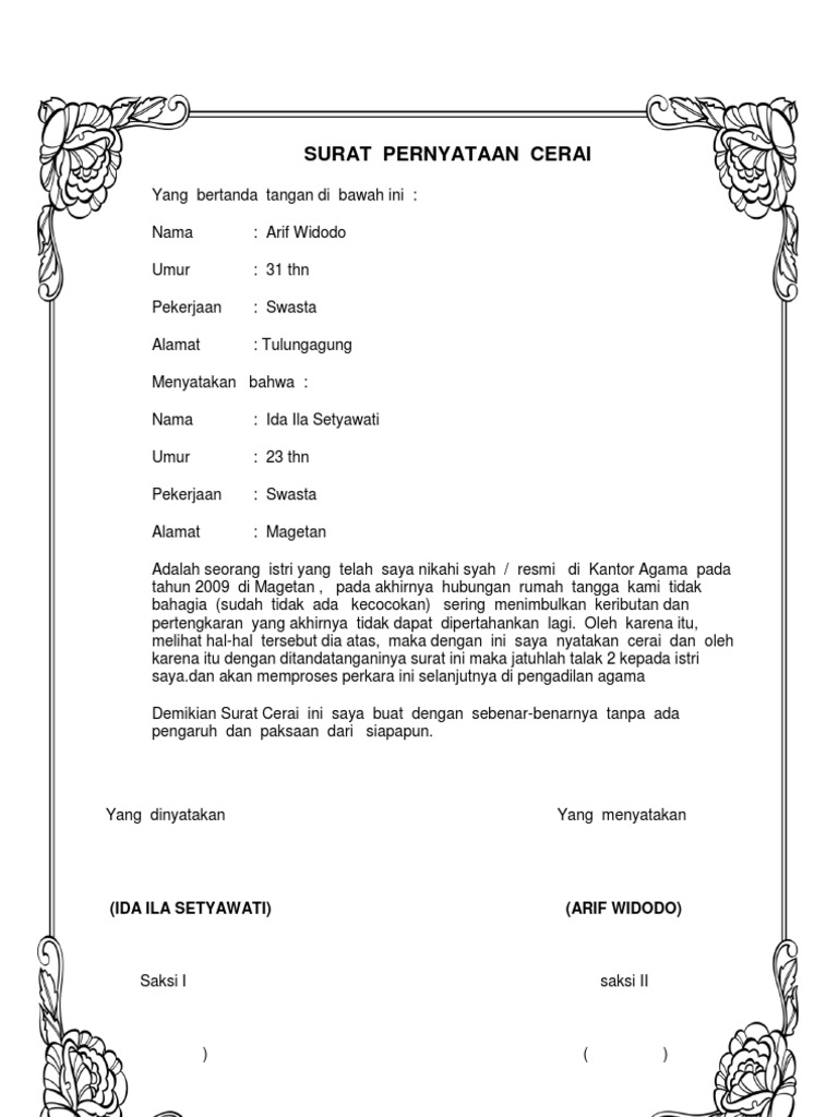 Contoh Surat Cerai Dari Pengadilan
