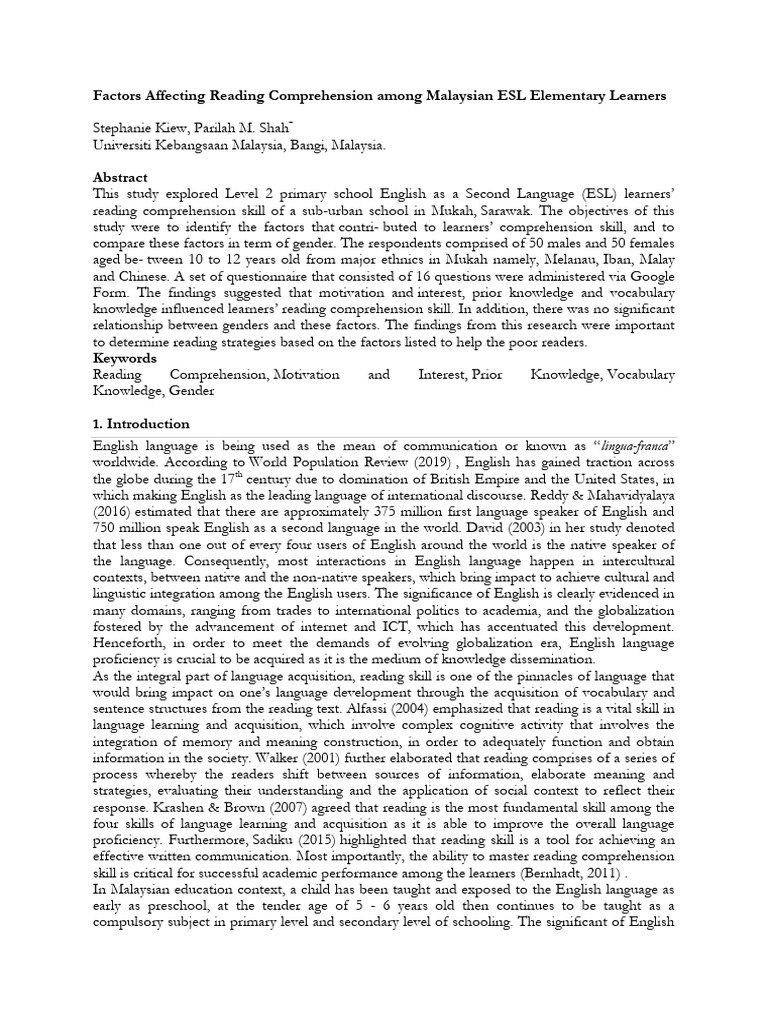 Factors Influencing ESL Reading Skills | PDF | Reading Comprehension ...