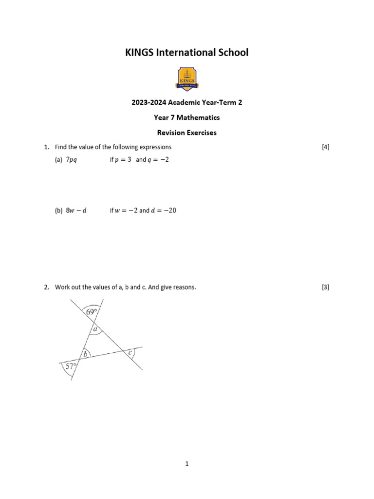 Year 7 Math Revision Exercises | PDF | Area | Mathematics
