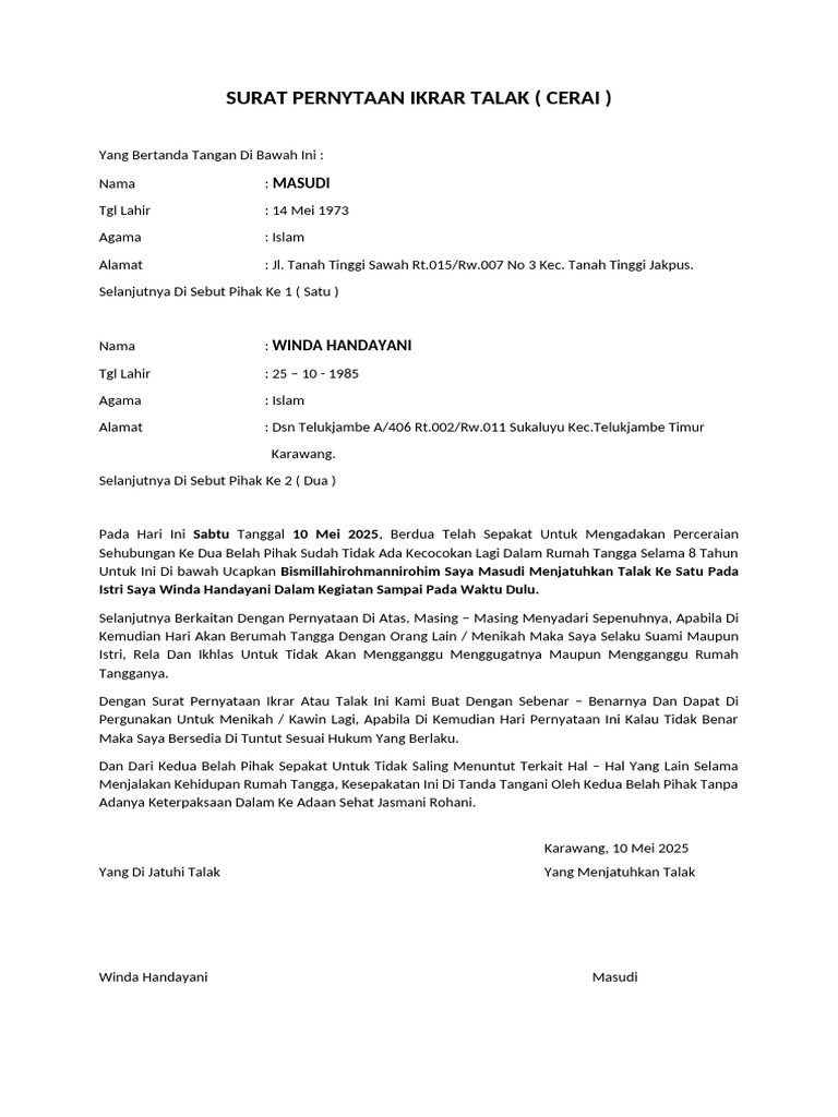 Surat Ikrar Talak Masudi dan Winda | PDF