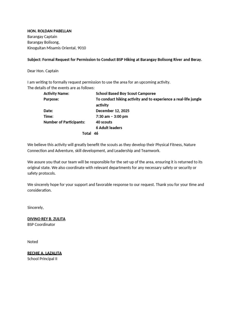 Request for BSP Hiking Permission | PDF