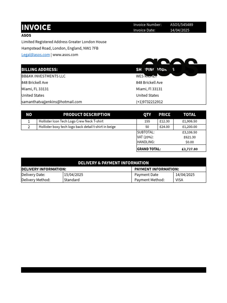 ASOS Invoice for BB&KK Investments | PDF