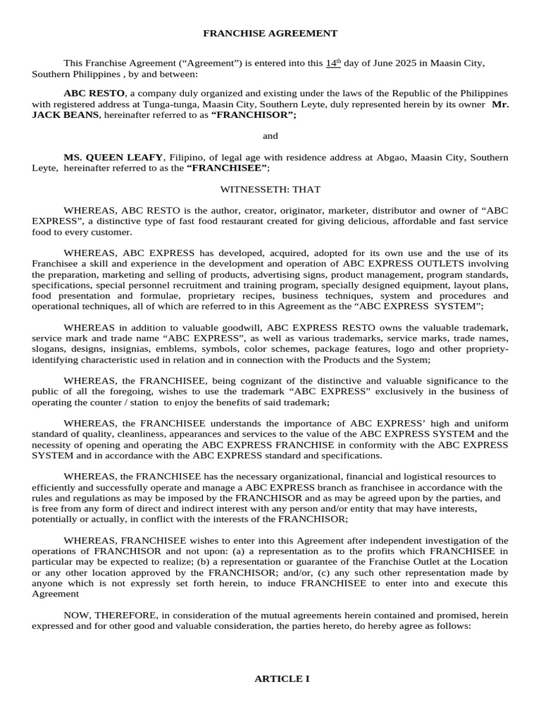 Franchise Agreement | PDF | Franchising | Non Disclosure Agreement