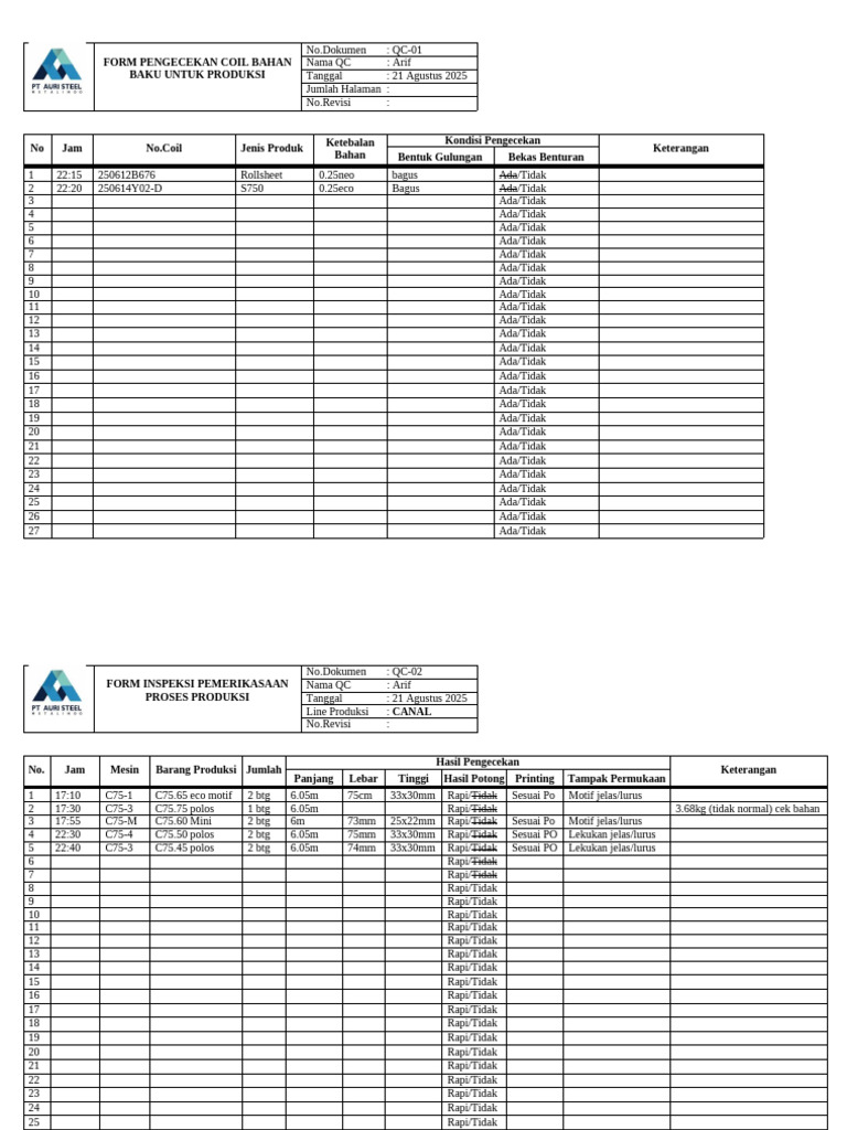 Formulir Inspeksi Proses Produksi | PDF