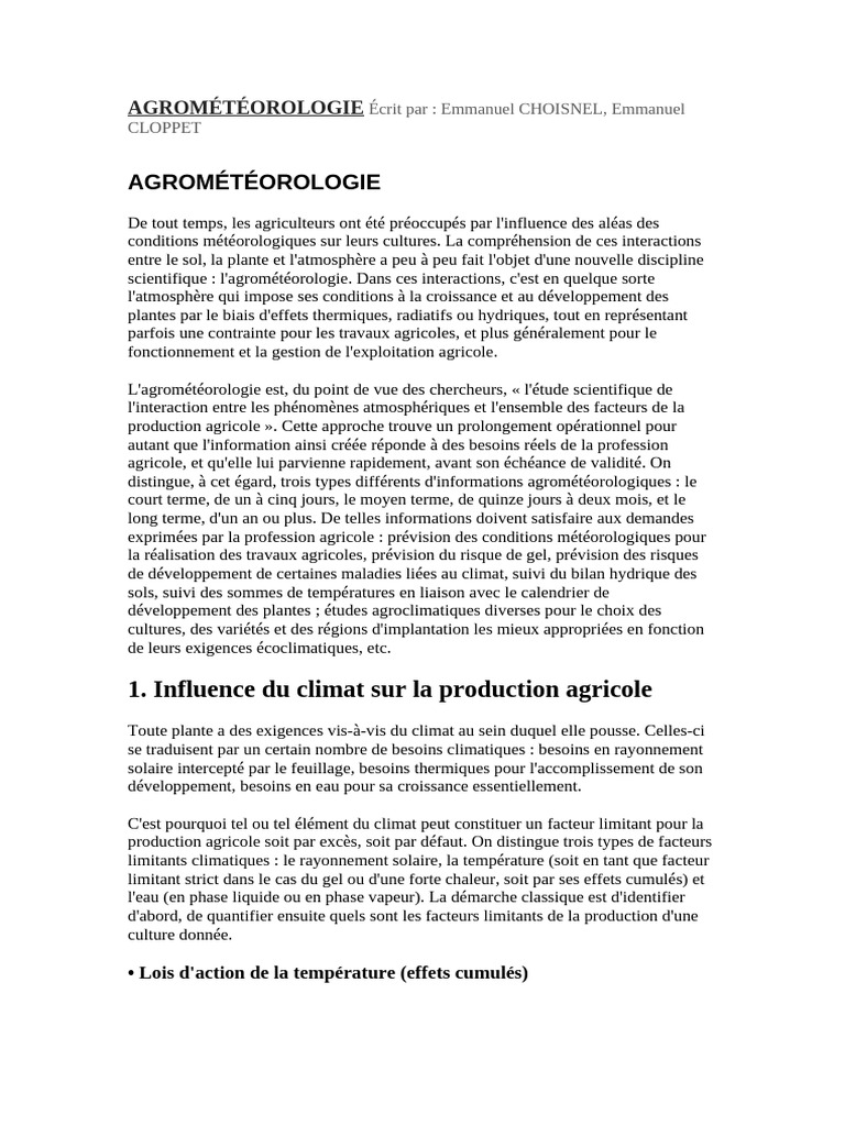 Agrométéorologie : Impact du Climat sur l'Agriculture | PDF ...