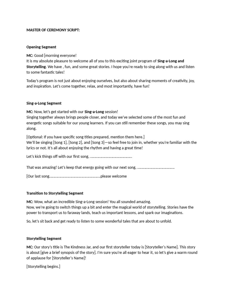 Sing-a-Long and Storytelling Event Script | PDF | Storytelling