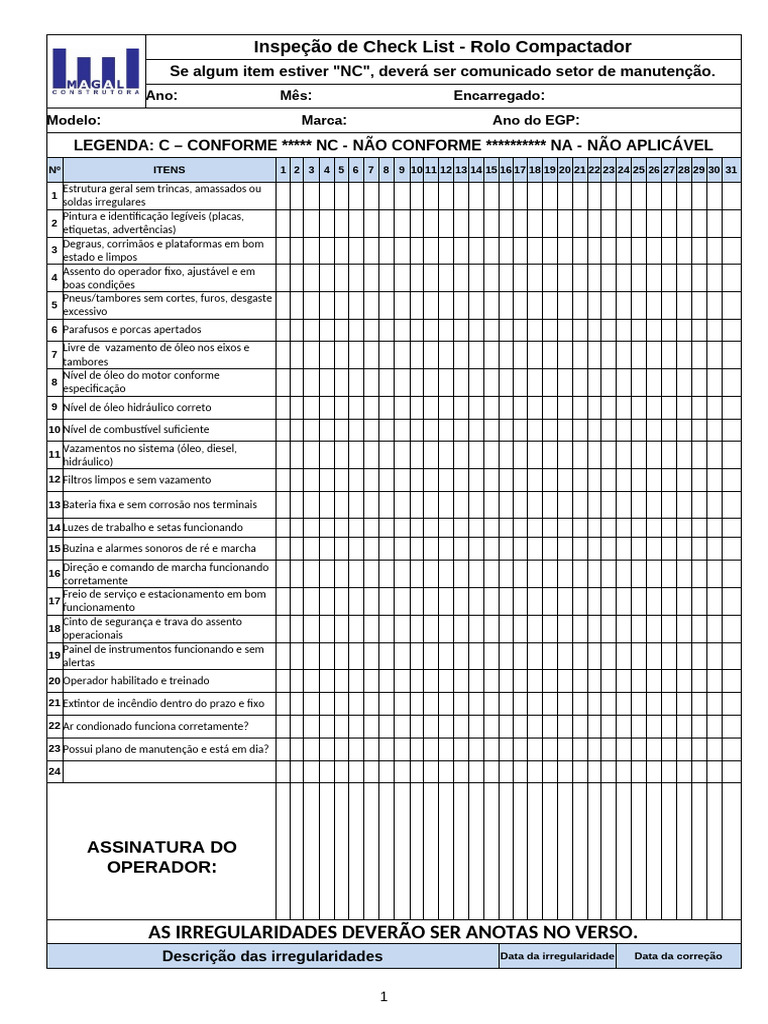 Check List de Inspeção Rolo Compactador | PDF
