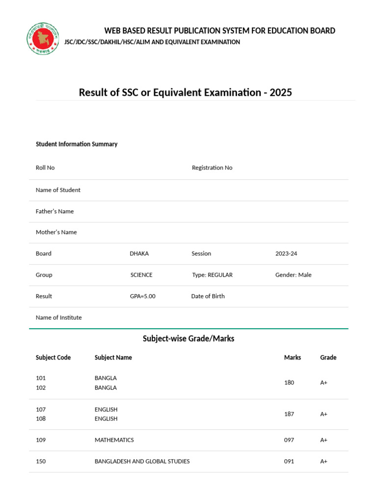 SSC Result 2025: Student Grades Summary | PDF