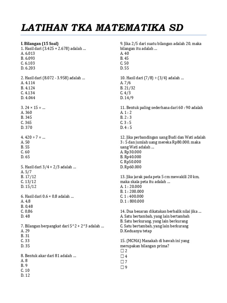 Latihan TKA Matematika SD Lengkap | PDF