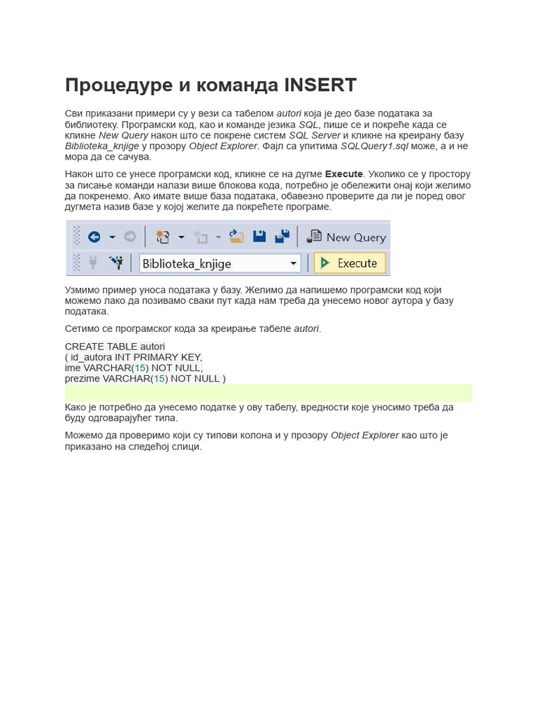 Процедуре И Команда Insert: Autori Sql New Query Sql Server Biblioteka ...