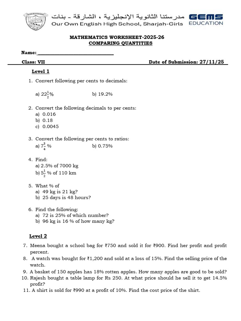 Mathematics Worksheet on Comparing Quantities | PDF | Chess Theory | Chess