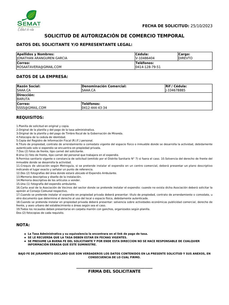 Solicitud de Comercio Temporal SAAA.CA | PDF