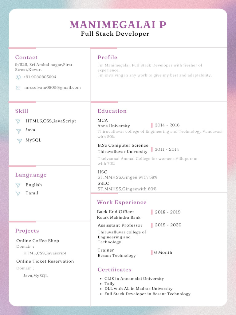 Full Stack Developer Profile: Manimegalai P | PDF