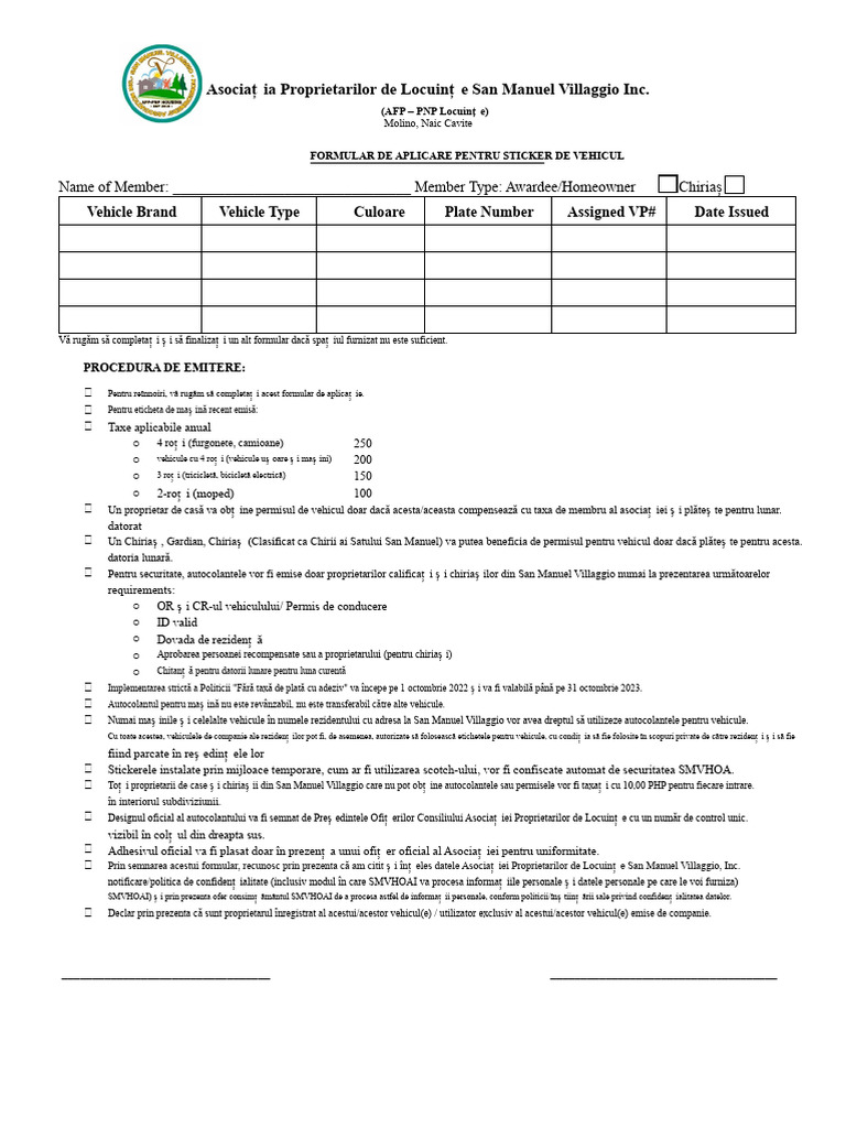 Formular de Aplicare Pentru Autocolantele Vehiculului | PDF