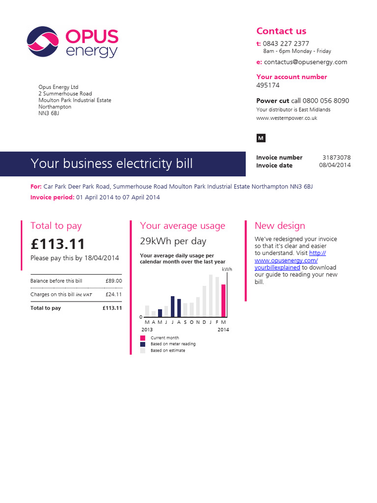 Opus Energy Business Electricity Invoice | PDF | Invoice | Power (Physics)