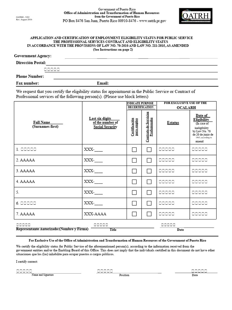 Puerto Rico Employment Eligibility Certification | PDF | Grammatical ...