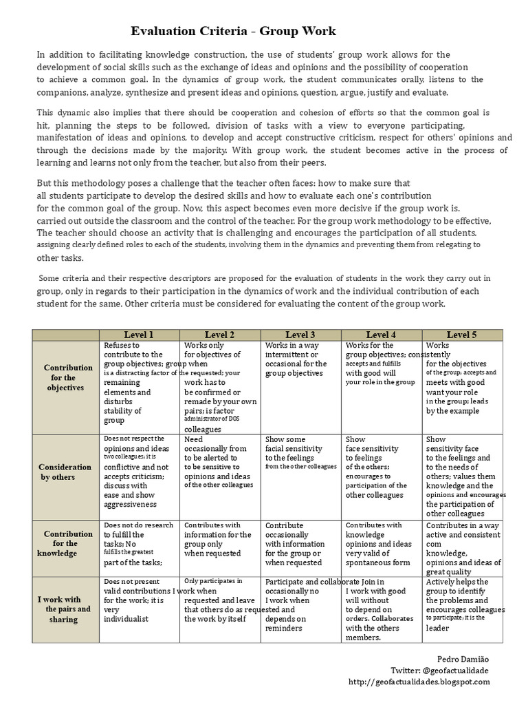 Group Work - Evaluation Criteria | PDF | Teachers | Methodology