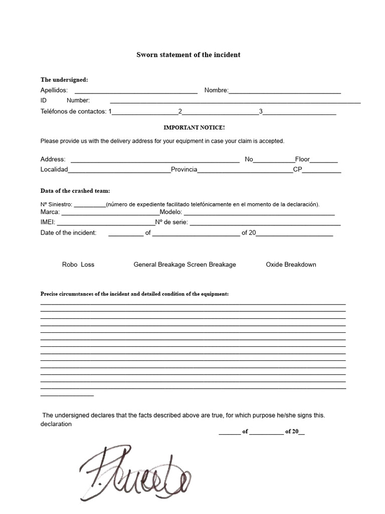 Generic Sworn Statement of Loss | PDF