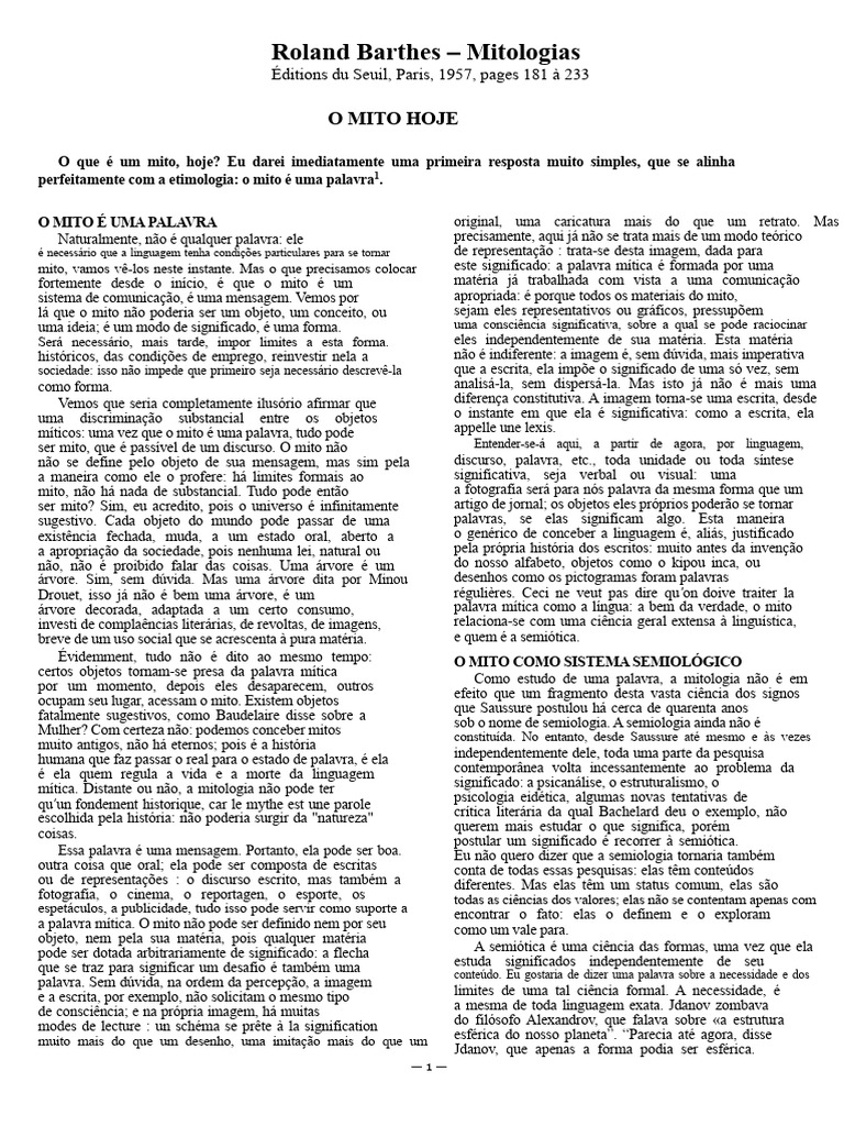 O Mito como Comunicação e Significado | PDF | Semiótica | Palavra