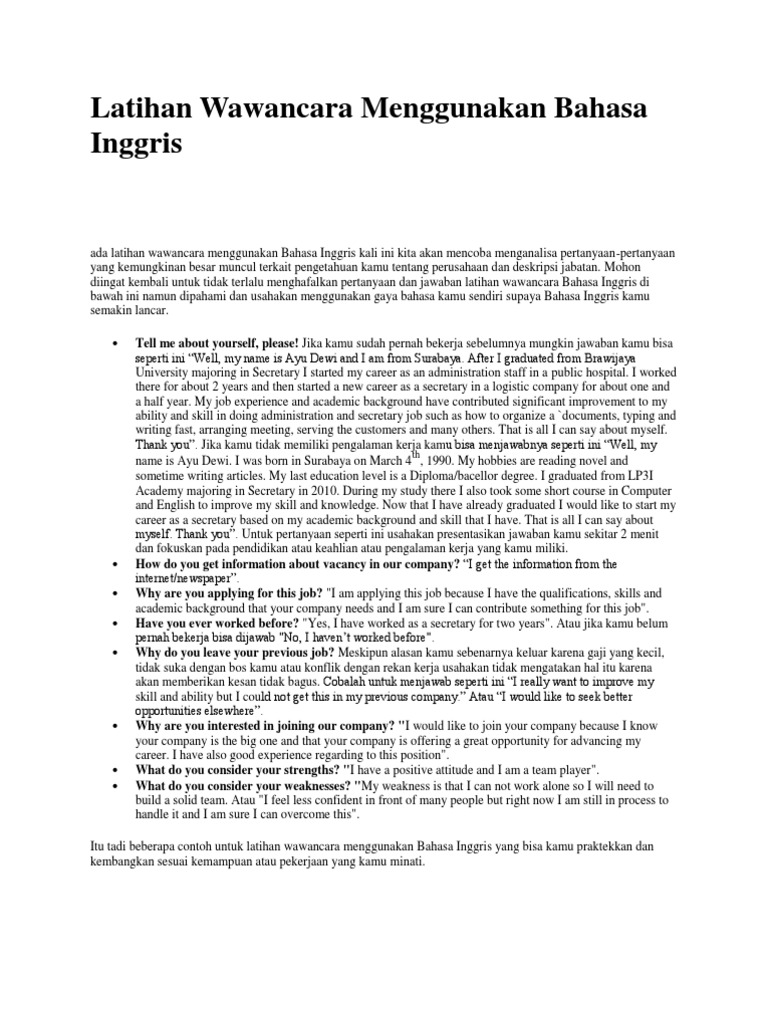 Contoh Soal Wawancara Bahasa Inggris