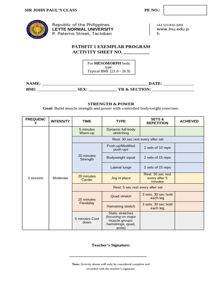 Mesomorph Pathfit 1 Exemplar Program Activity Sheet | PDF | Aerobic ...