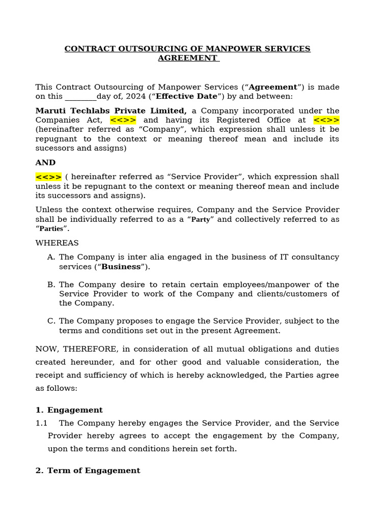 Contract Outsourcing of Manpower Services Agreement | PDF | Indemnity ...