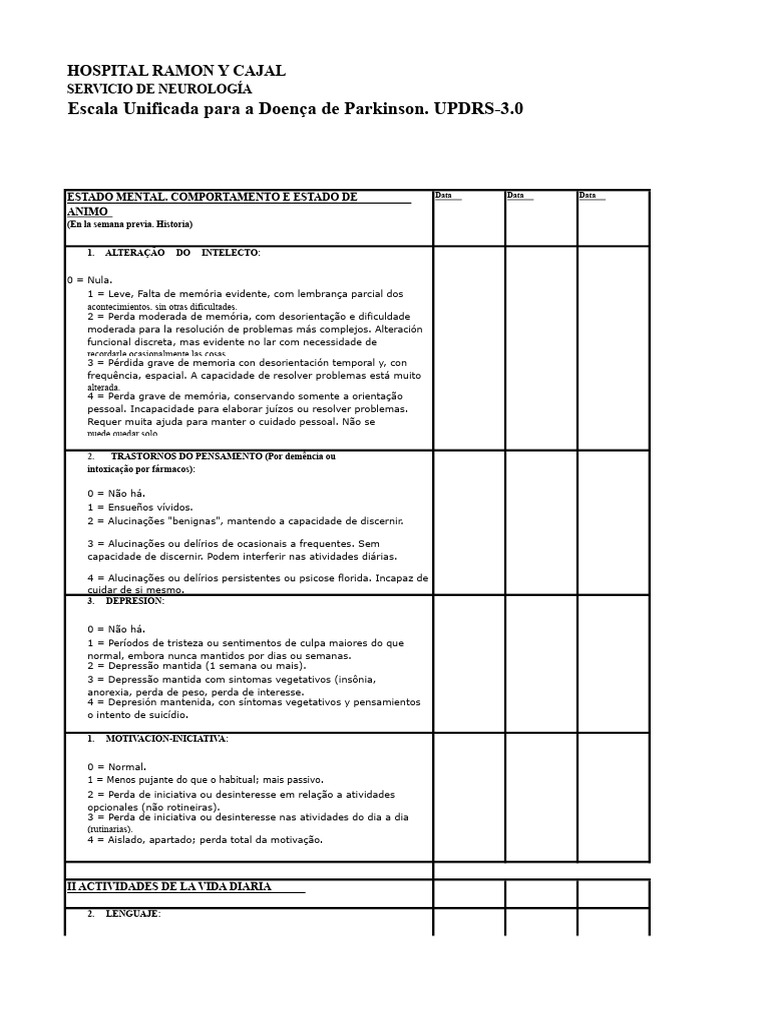 Avaliação da Doença de Parkinson: UPDRS-3.0 | PDF | Mal de Parkinson ...