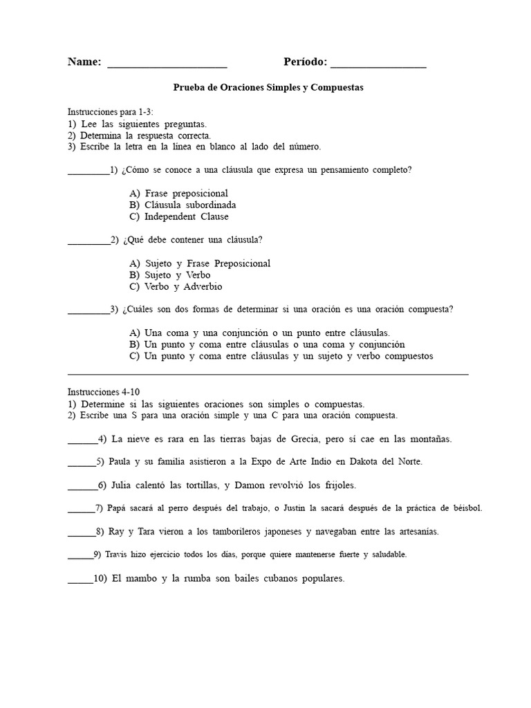 Prueba de oraciones simples y compuestas | PDF | Oración (Lingüística ...