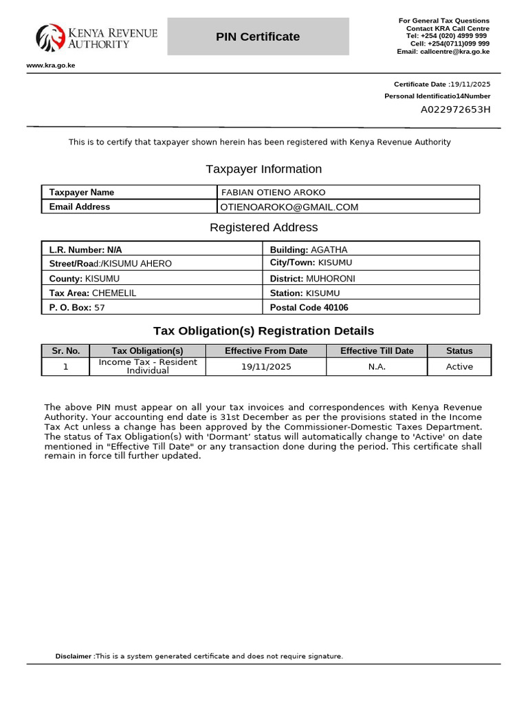 KRA Tax Registration Certificate for Fabian Aroko | PDF | Economies ...